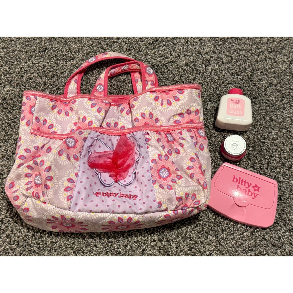 American Girl Bitty Baby Diaper Bag Set Pink Floral Quilted Tote Wipes Bath Wash